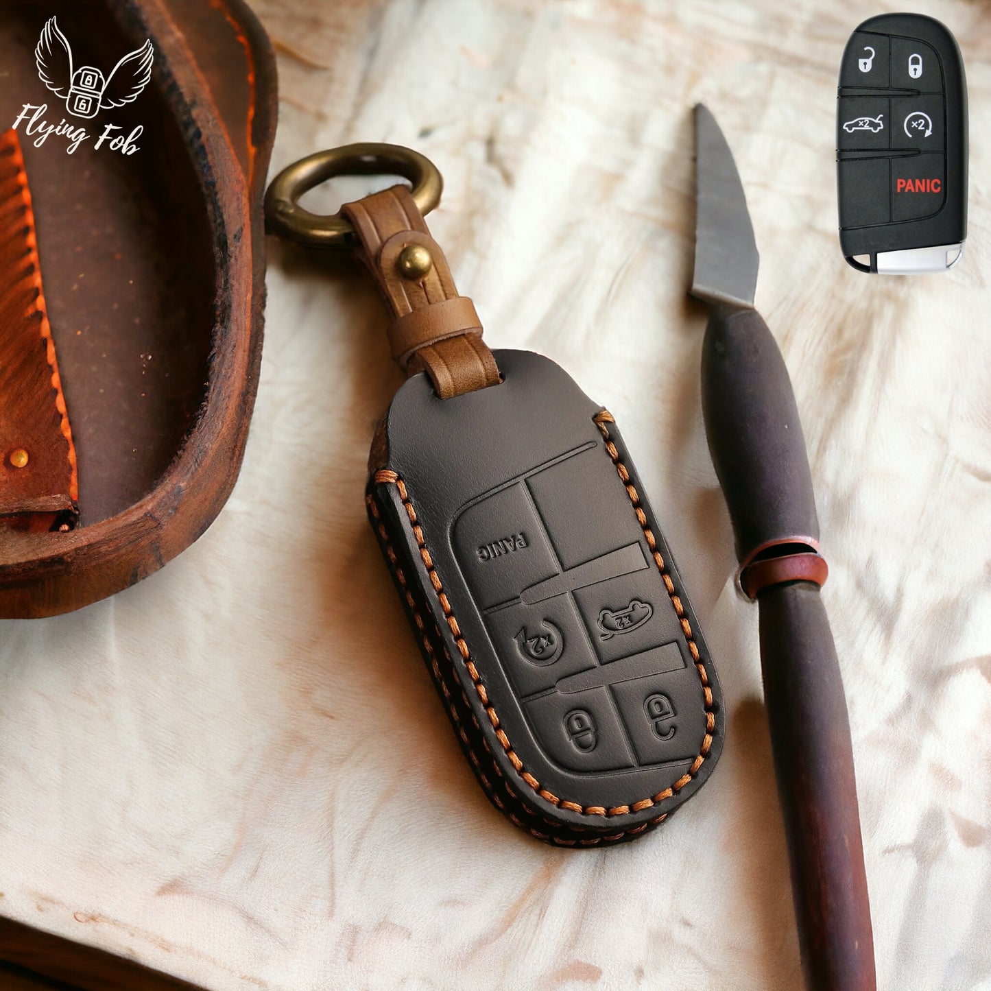 Handmade Genuine Leather Key Fob Case Cover Shell for Dodge Charger Challenger Dart Durango Journey Jeep Grand Cherokee Compass Renegade Chrysler 200 300 Fiat 500L