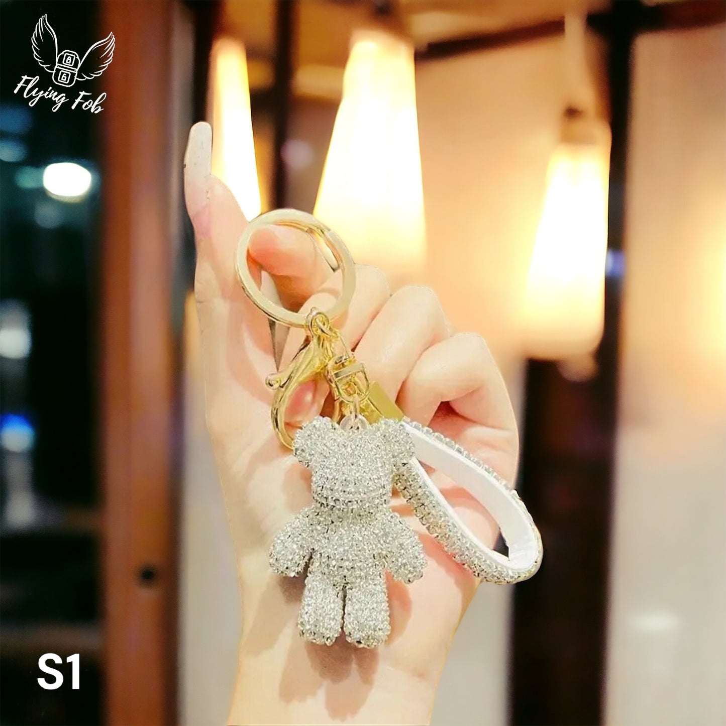 Luxury Rhinestone Bear Keychain w/ Leather Strap