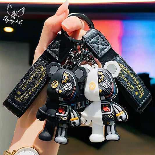 Robot Bear Keychain w/ Leather Strap