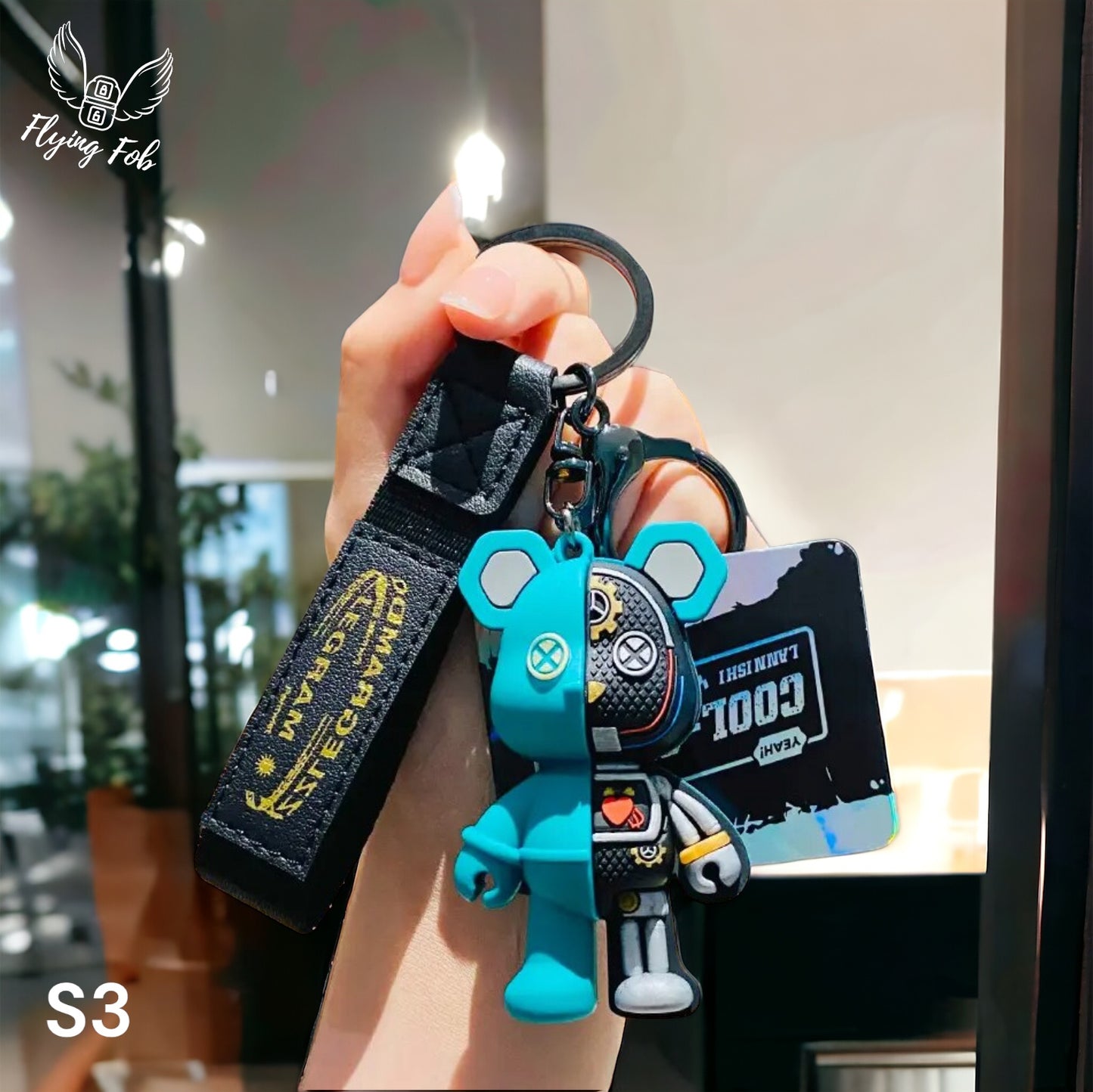Robot Bear Keychain w/ Leather Strap